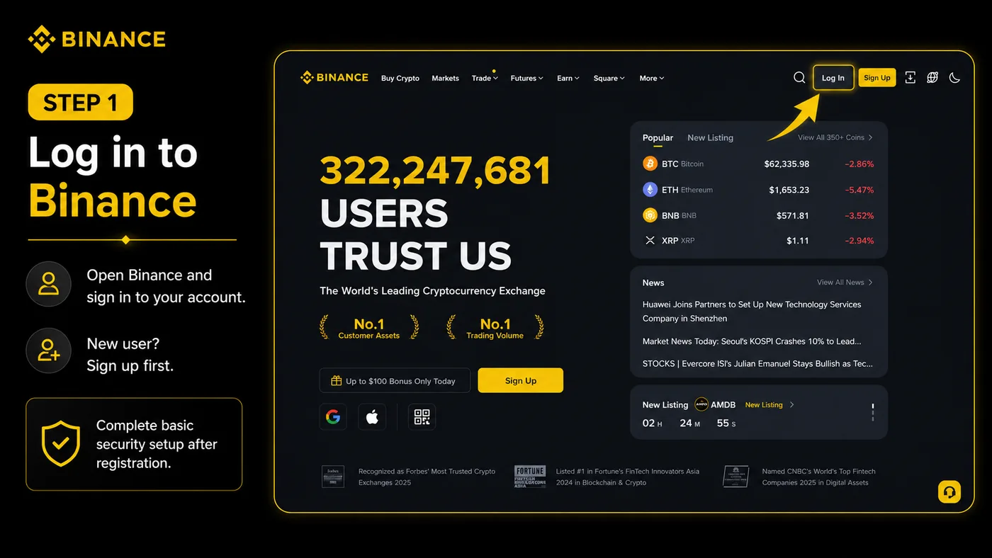 Binance login page with the email and password sign-in form