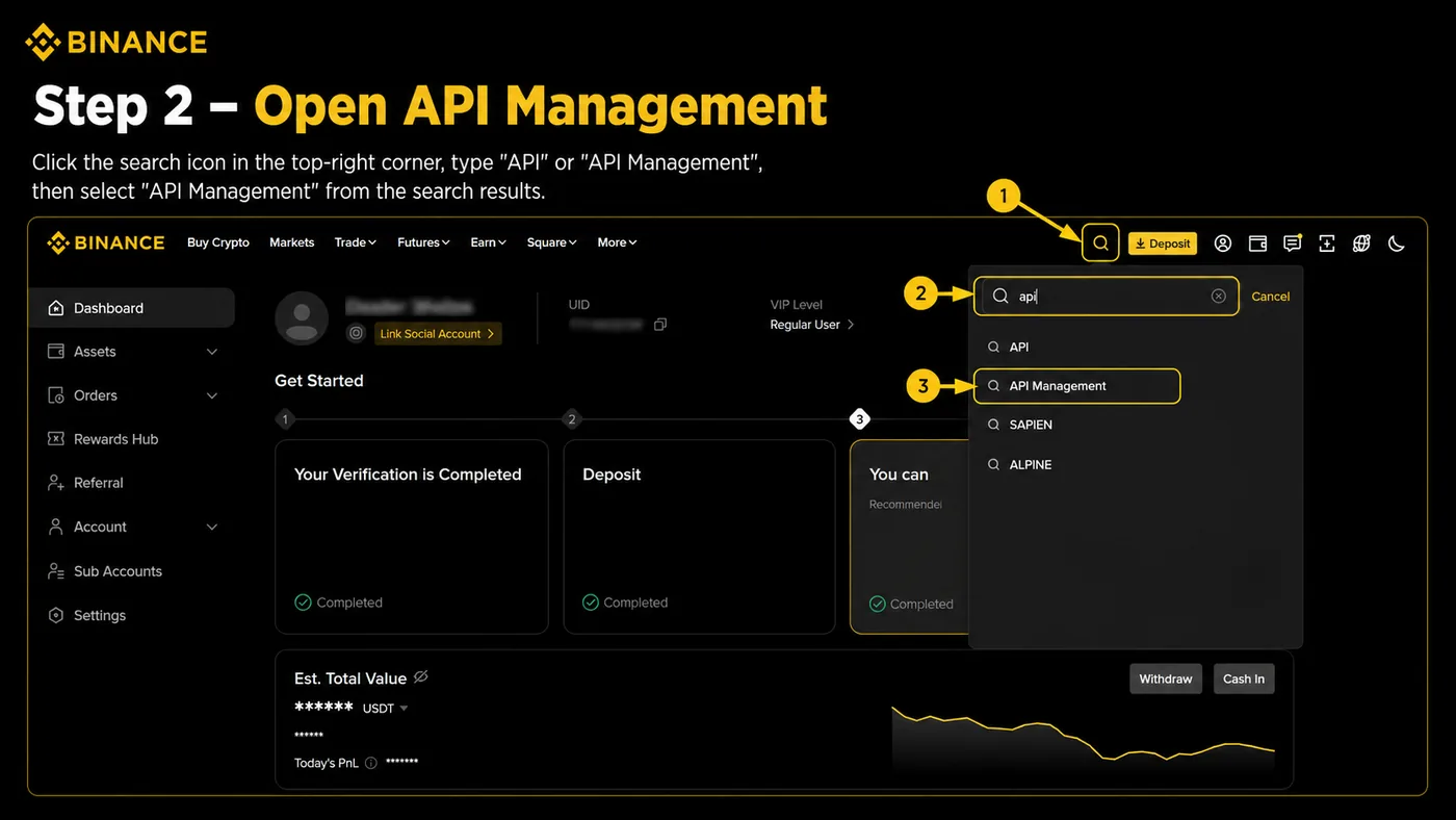 Binance search results showing the API Management entry
