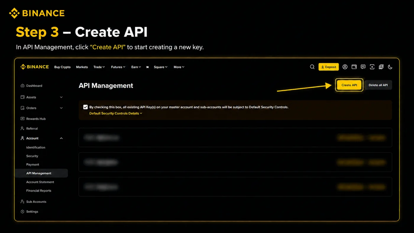 Binance API Management page with the Create API button highlighted