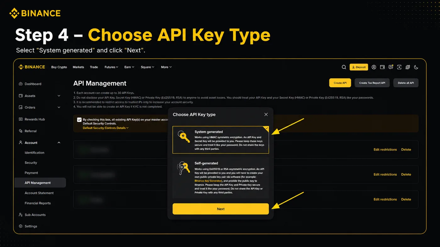 Binance API key type dialog with the System generated option selected