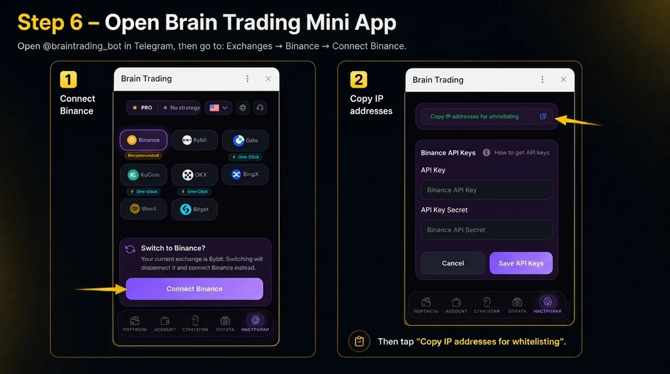 BRAIN Mini App in Telegram showing the Connect Binance screen with the copy IP addresses action
