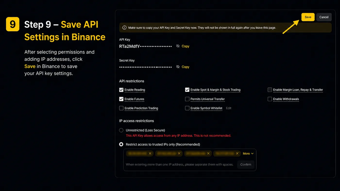 Binance API settings page with the Save button for the API key configuration