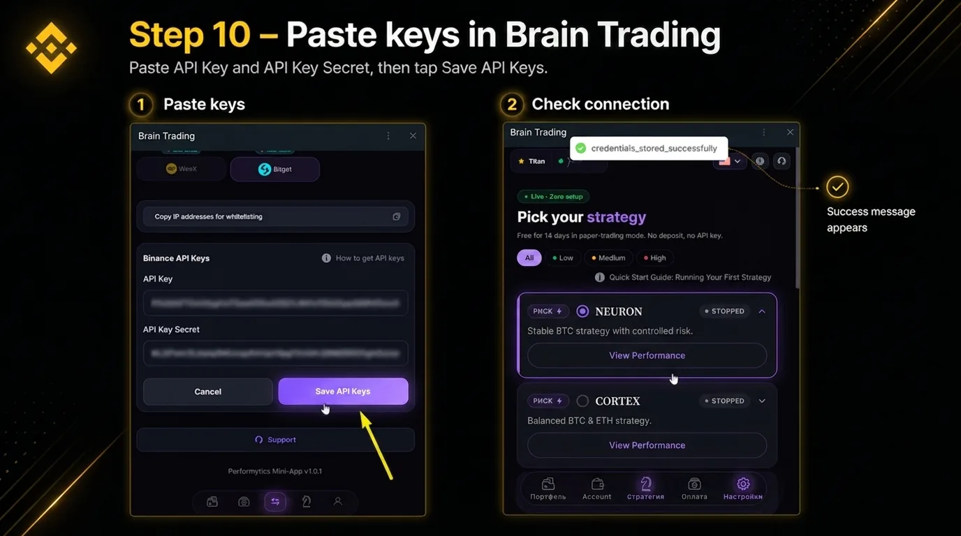 BRAIN Mini App confirming that the Binance API credentials were stored successfully
