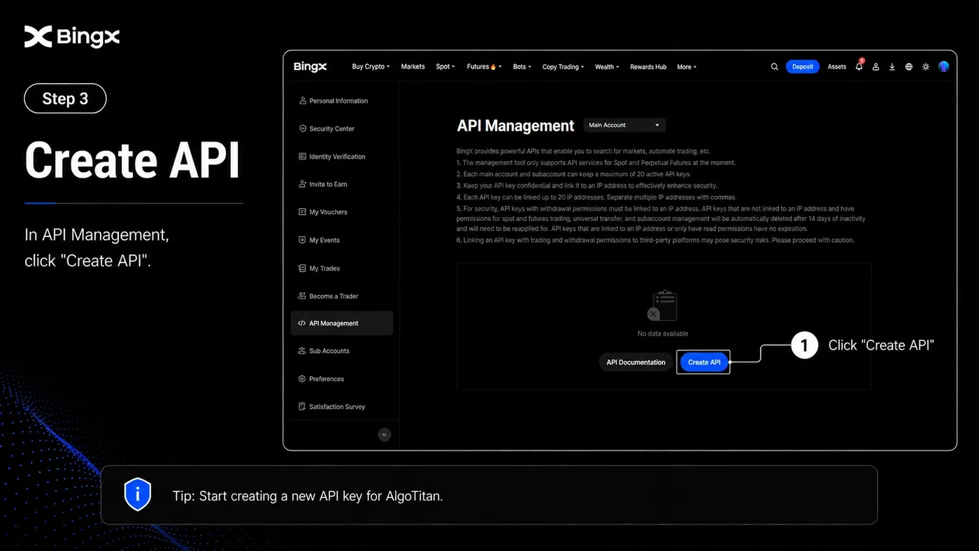 BingX API Management page with the Create API button