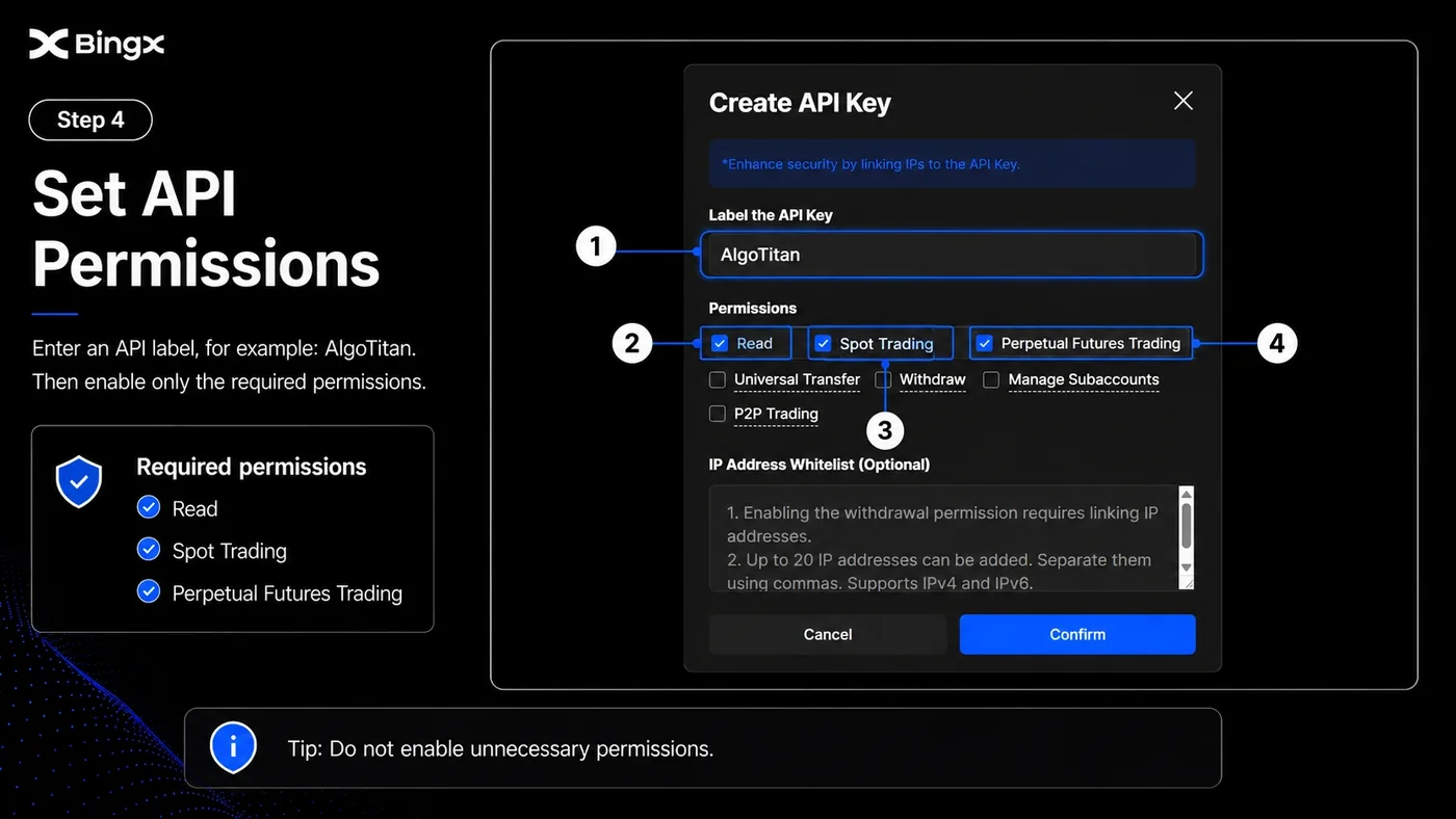 BingX API creation form with Read, Spot Trading and Perpetual Futures Trading permissions selected