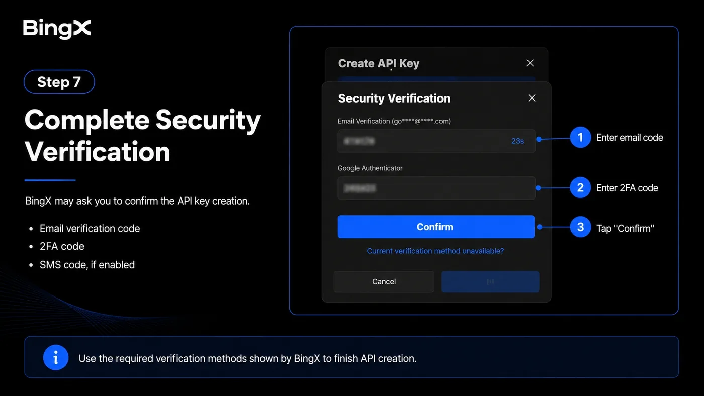 BingX security verification dialog requesting email and 2FA codes