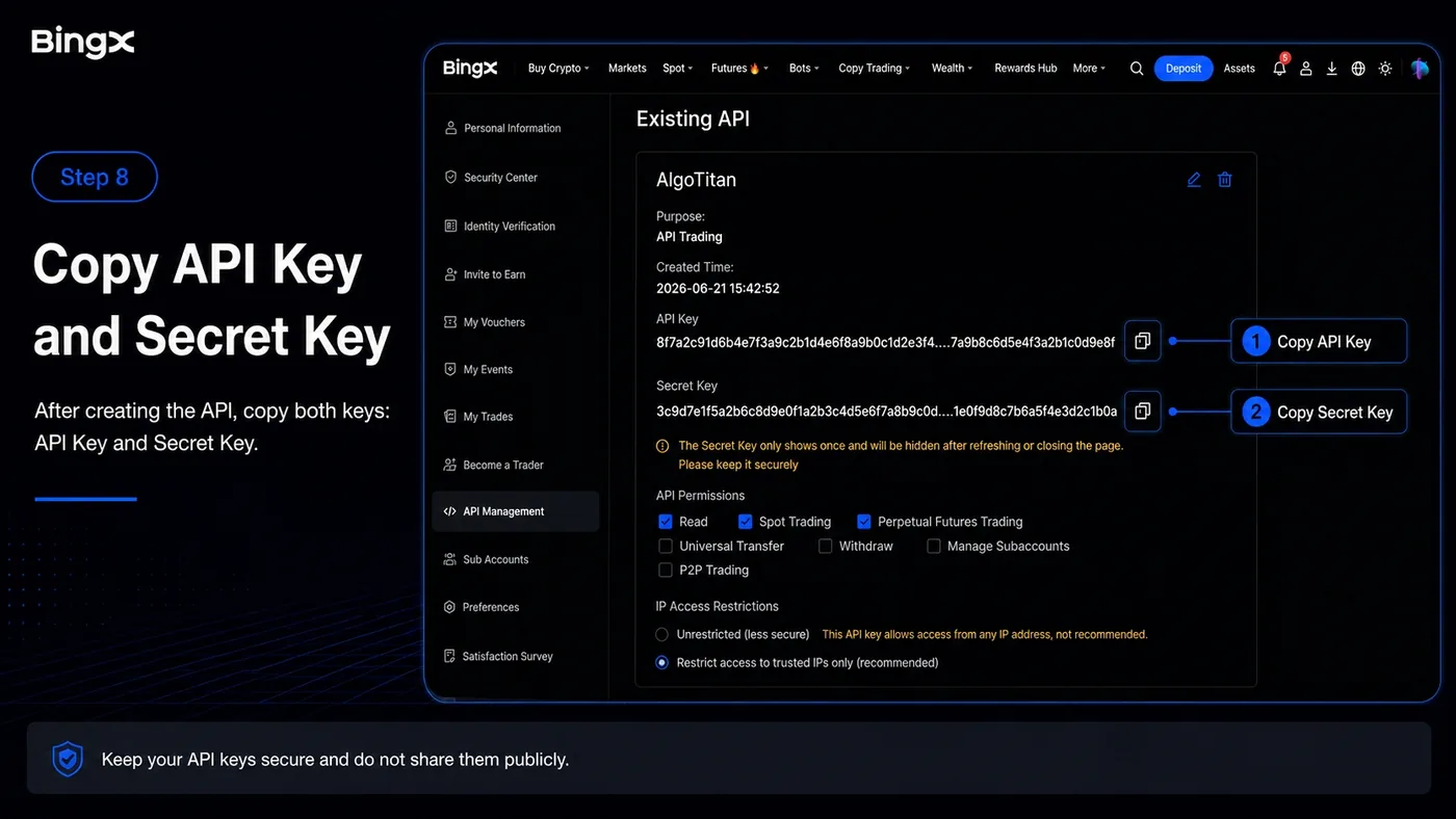 BingX page displaying the newly created API Key and Secret Key