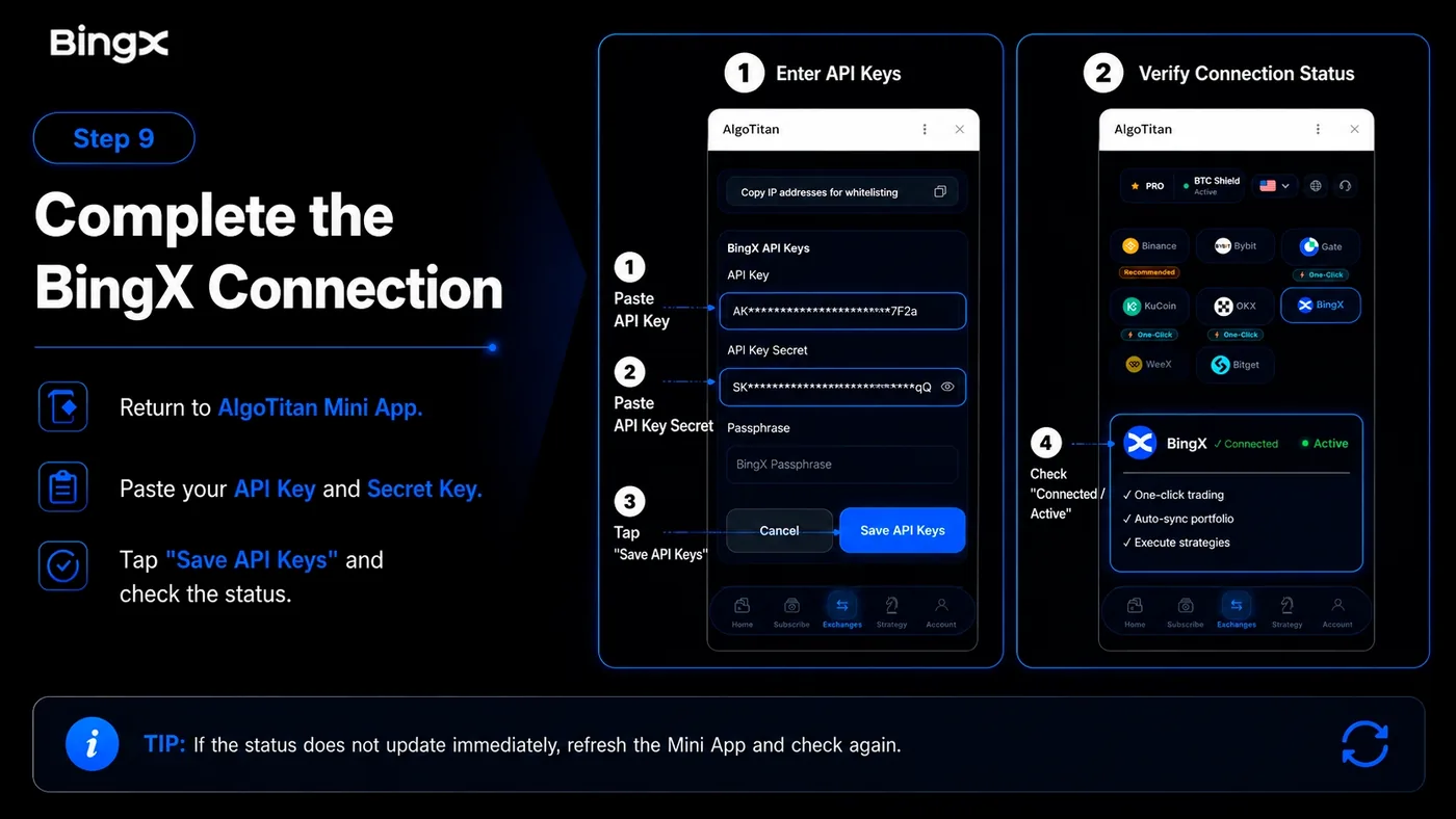BRAIN Mini App showing BingX with a connected and active status