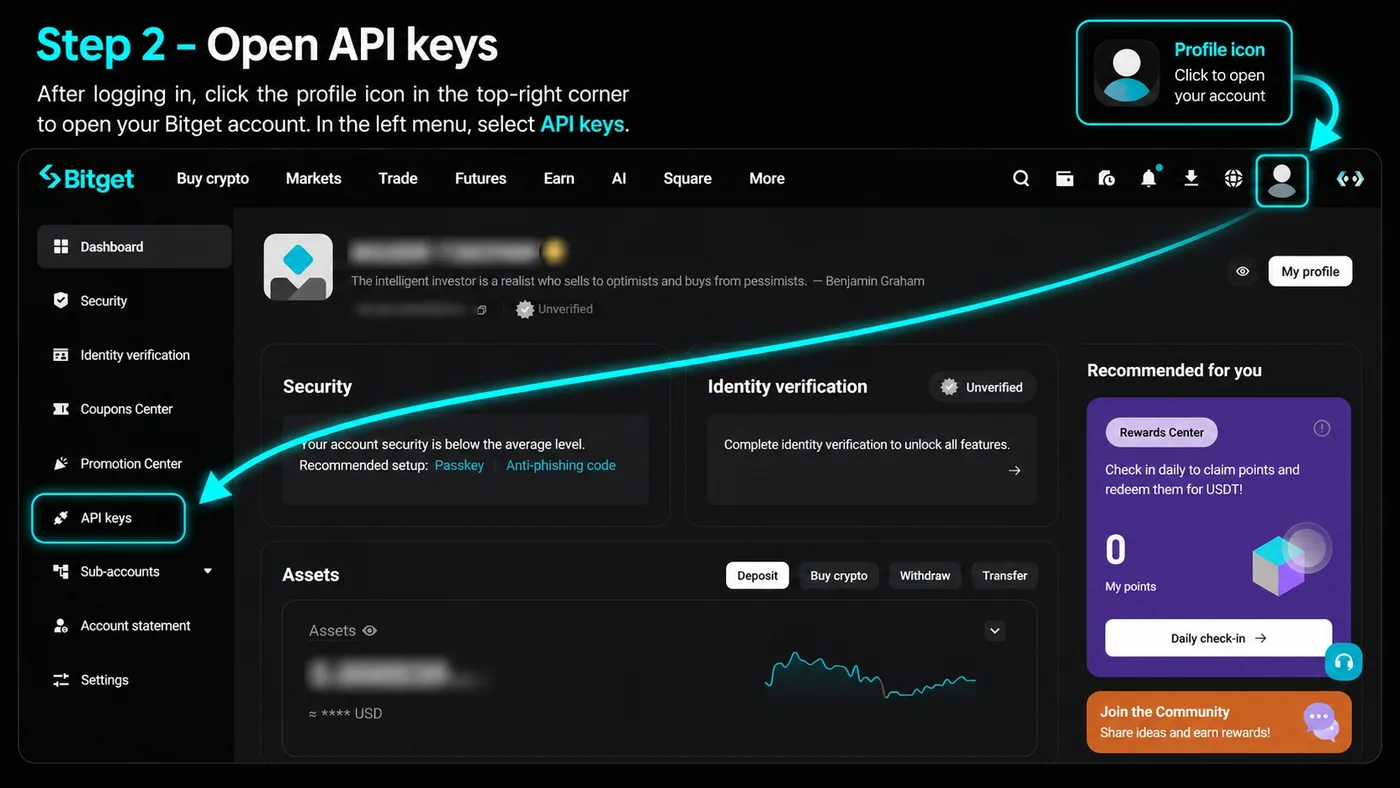 Bitget profile menu with the API keys entry