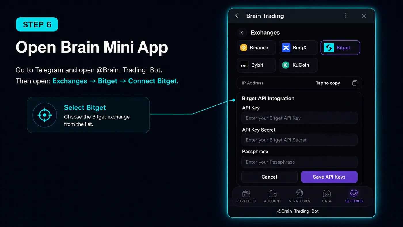BRAIN Mini App exchange list with Bitget selected