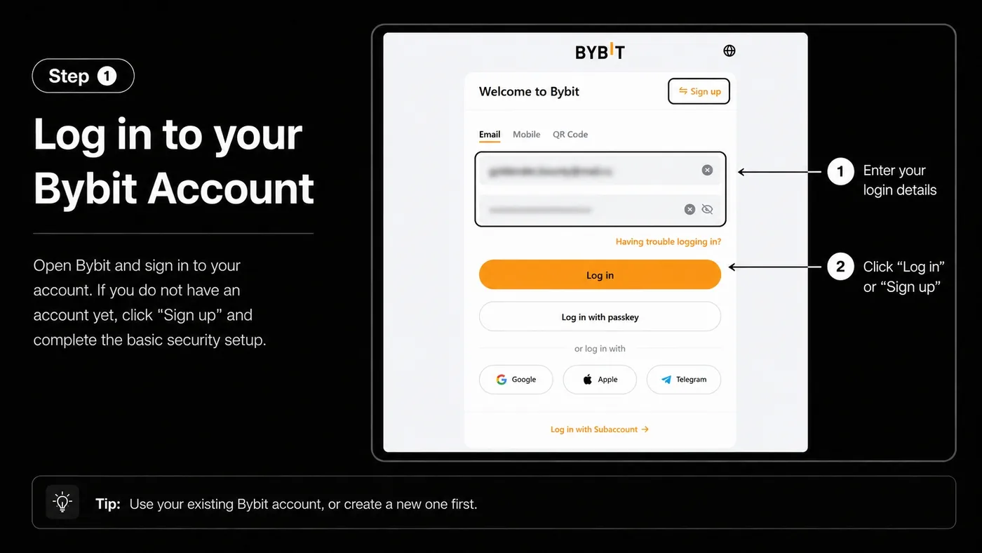 Bybit login page with the account sign-in form