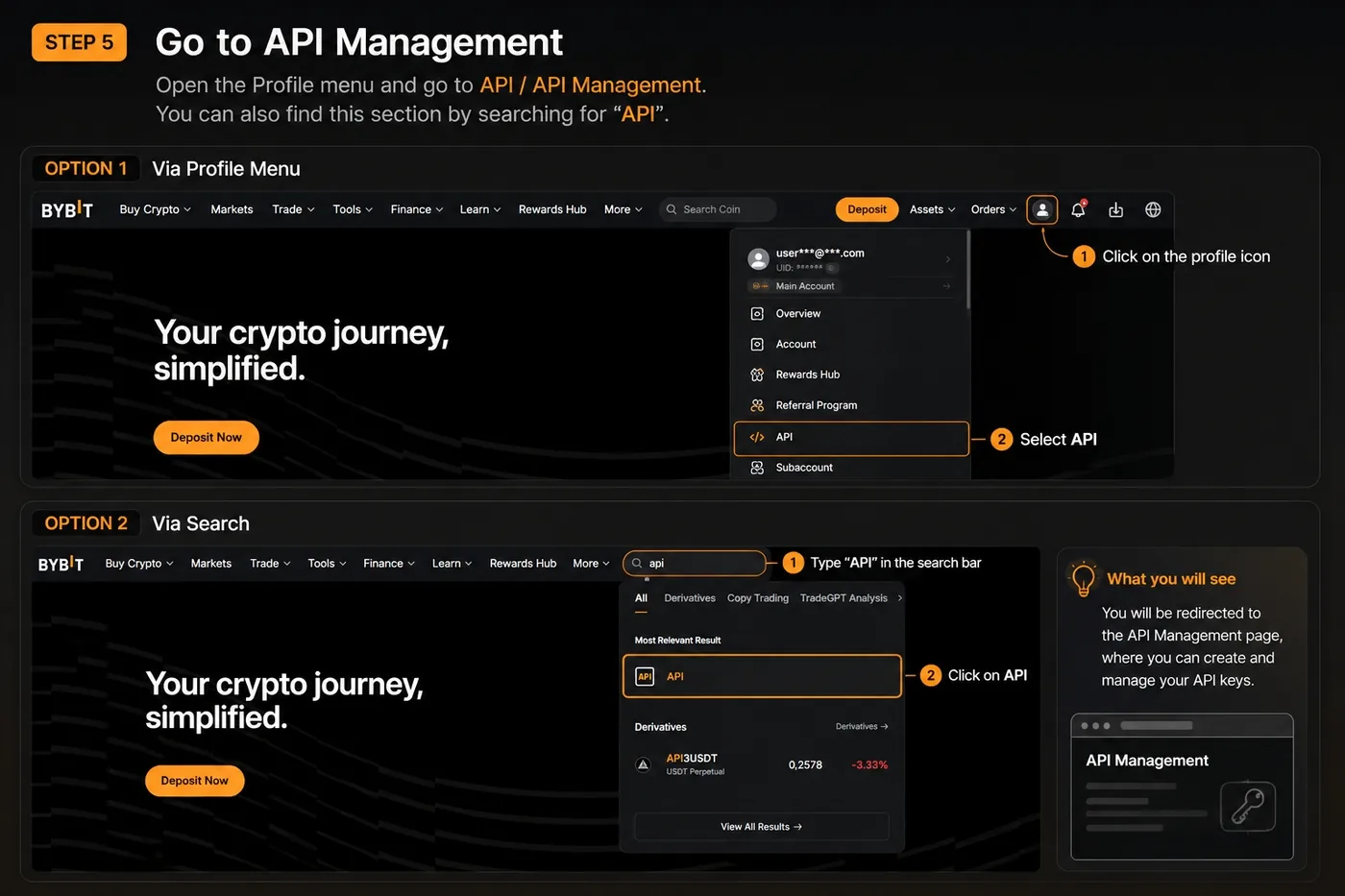 Bybit profile menu with the API Management entry