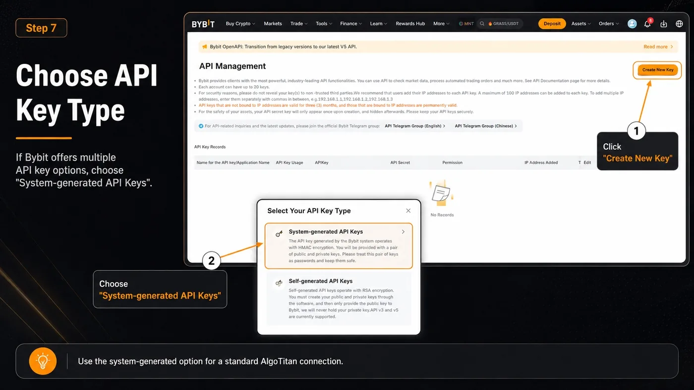 Bybit dialog for choosing between system-generated and self-generated API keys