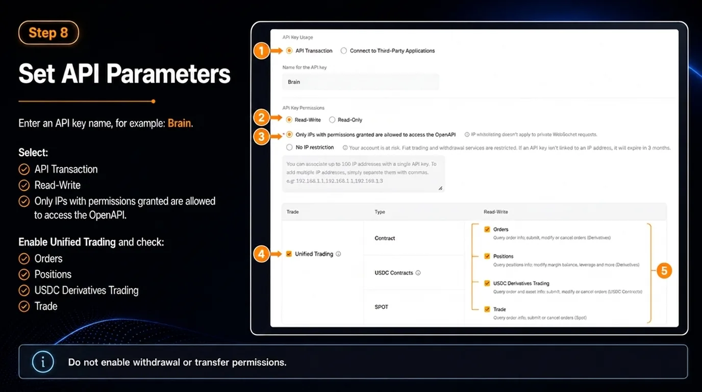 Bybit API key creation form with Read-Write access and Unified Trading permissions selected