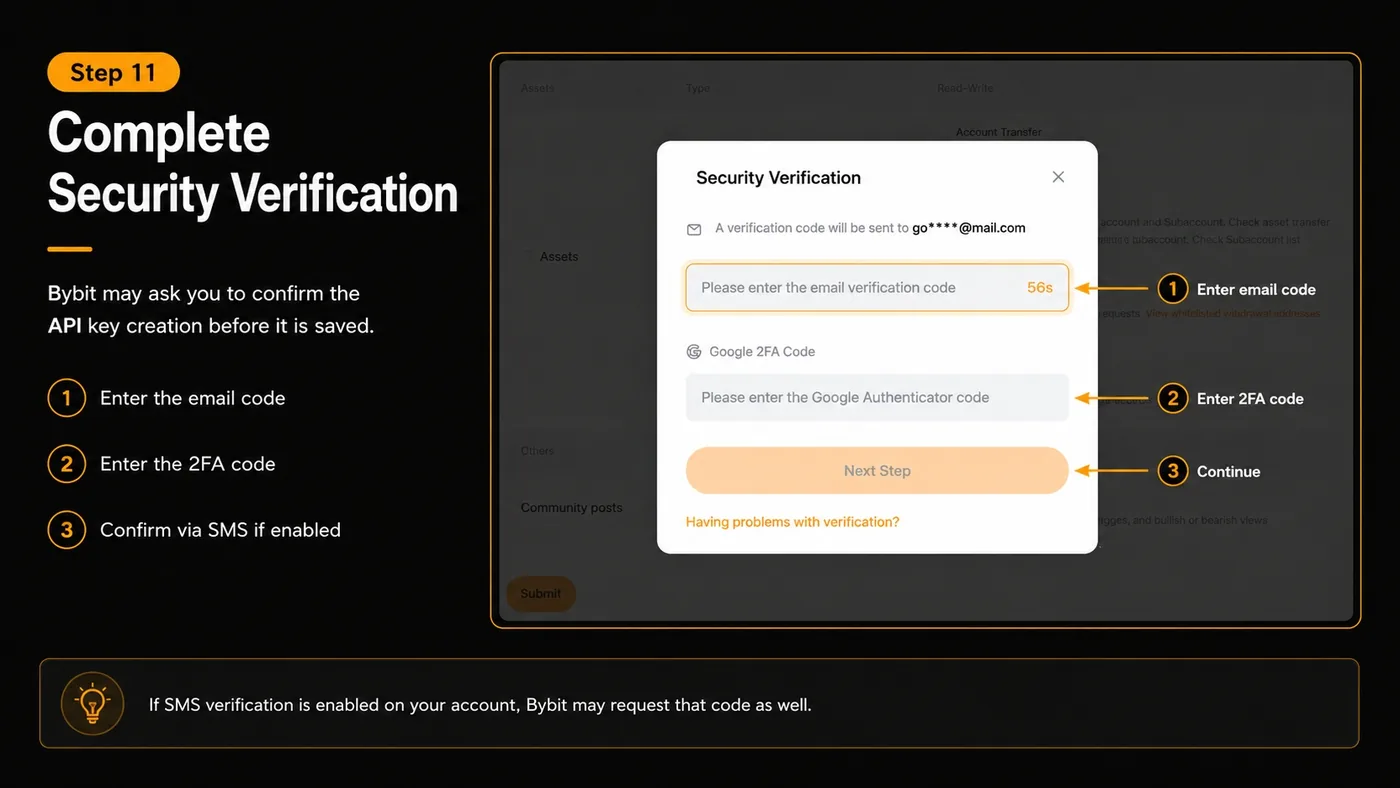 Bybit security verification dialog requesting email and 2FA codes