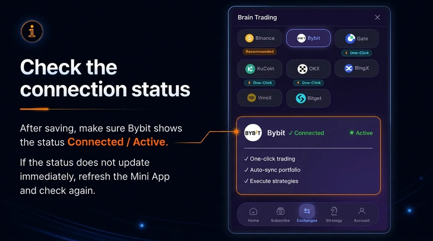 BRAIN Mini App showing Bybit with a connected and active status