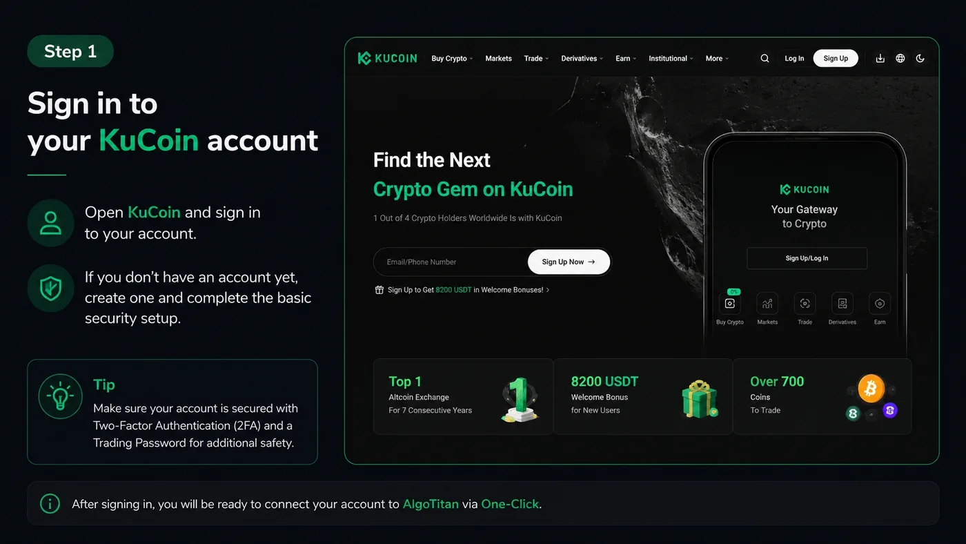 KuCoin login page with the account sign-in form